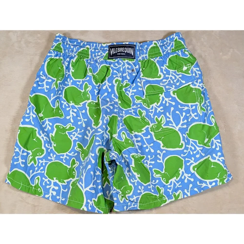 Vilebrequin Men's Moorea Swim Trunks Lagon Blue Green Bunny Rabbit Print Large